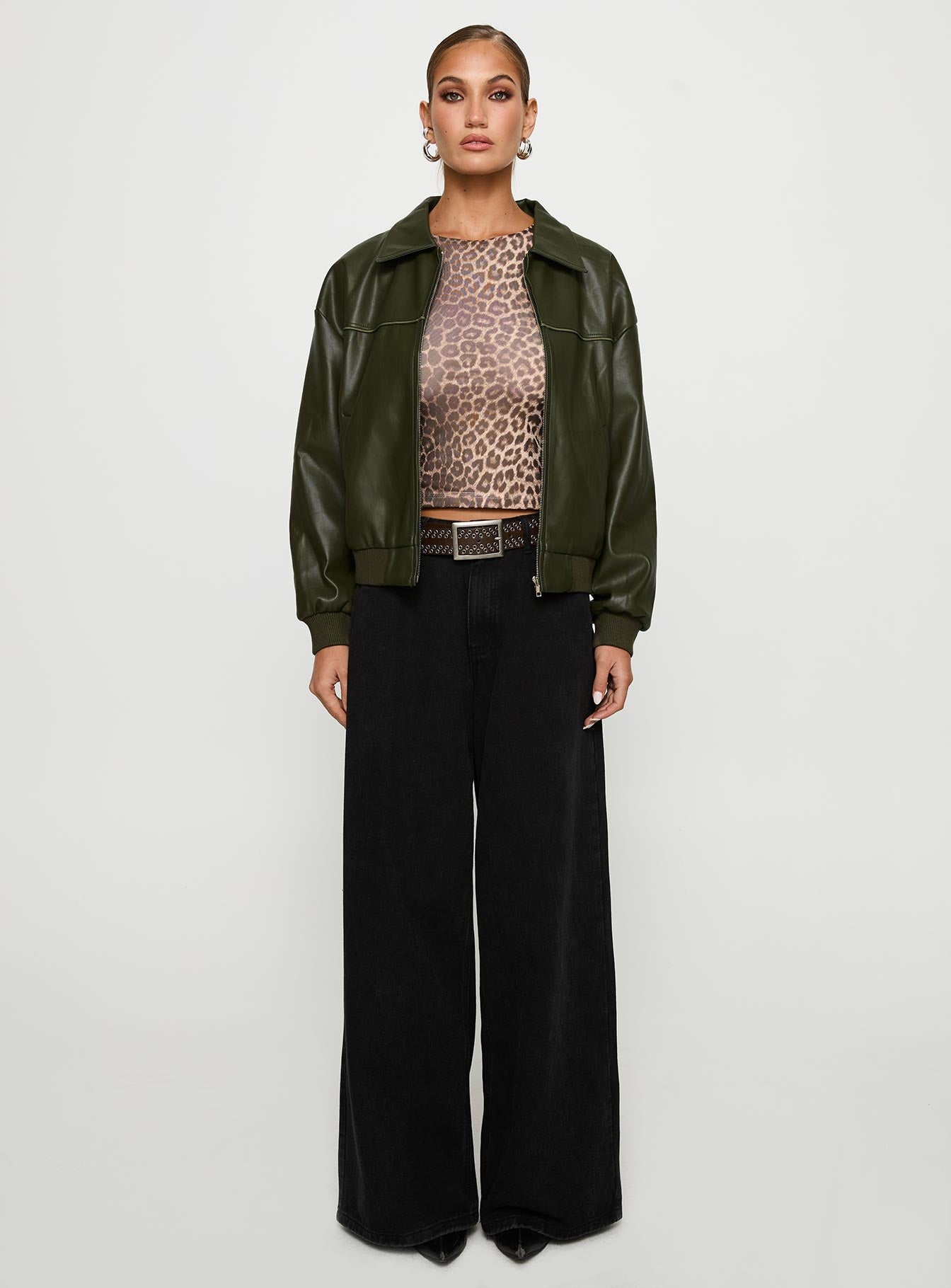Uncover Faux Leather Bomber Jacket Dark Green