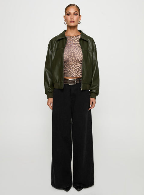 Uncover Faux Leather Bomber Jacket Dark Green
