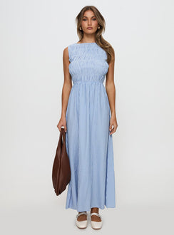 Fables Shirred Maxi Dress Blue Gingham