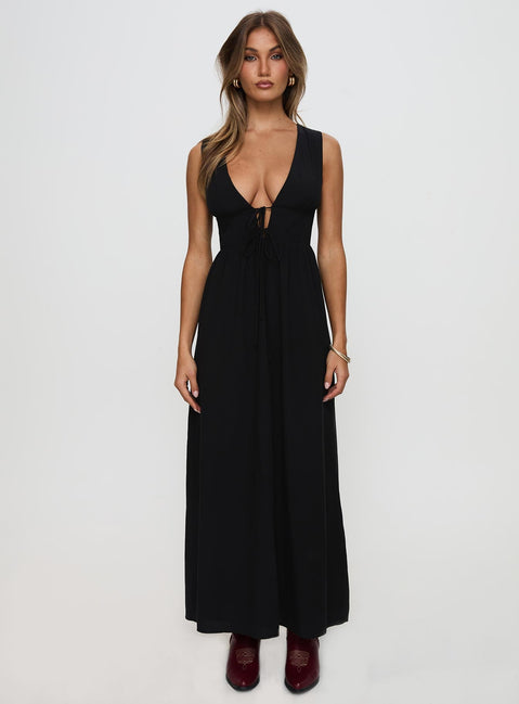 front view of model wearing Princess Polly Pokey Maxi Dress Black Plunger 