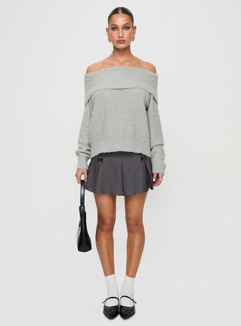 side view of model wearing Princess Polly Parkley Boucle Off The Shoulder Sweater Grey Marle 