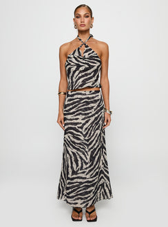 side view of model wearing Princess Polly Eleganza Top Zebra Sleeveless Cowl 