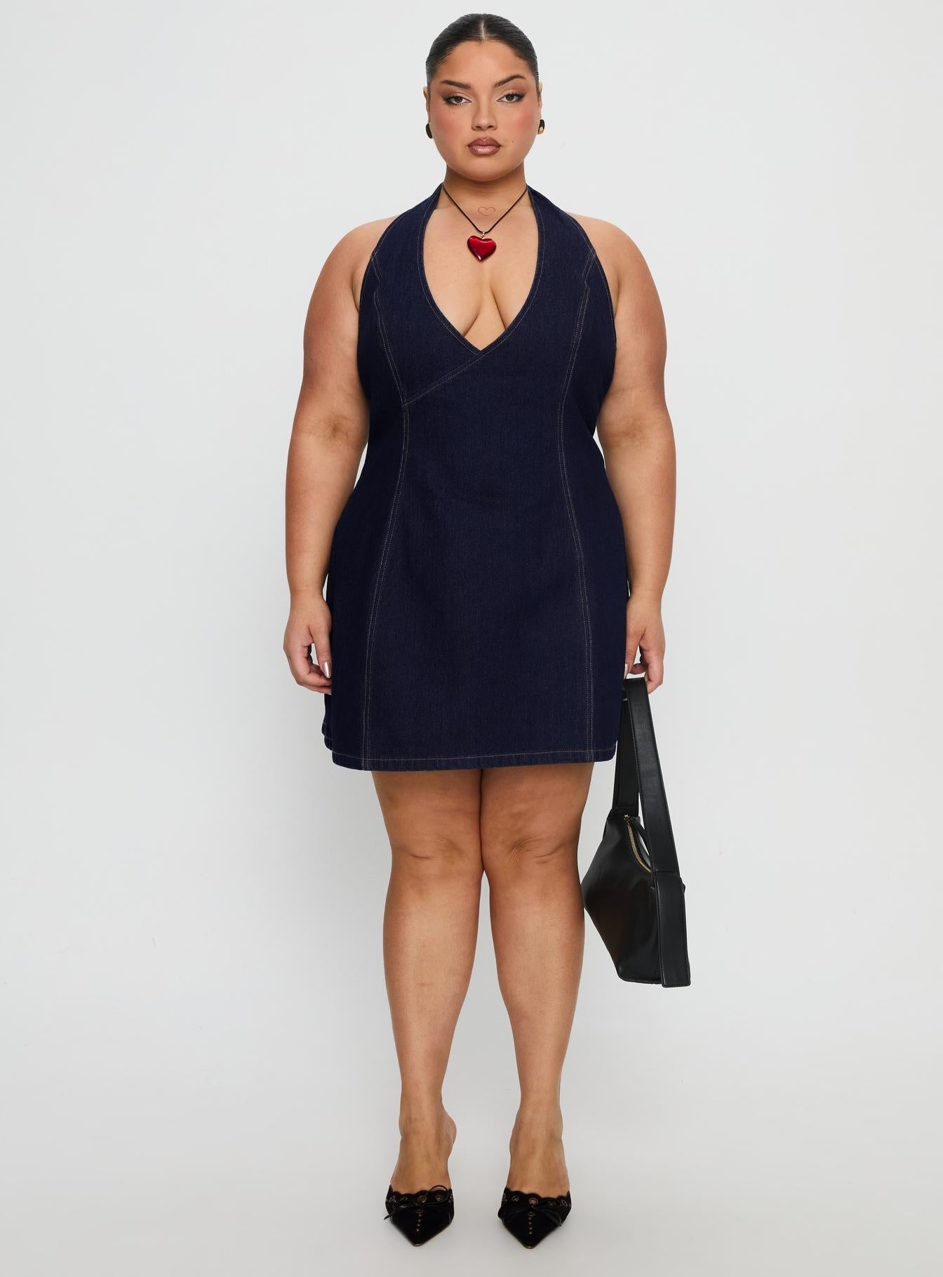 Say Goodnight Denim Halter Mini Dress Mid Wash Curve