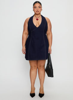 Say Goodnight Denim Halter Mini Dress Mid Wash Curve