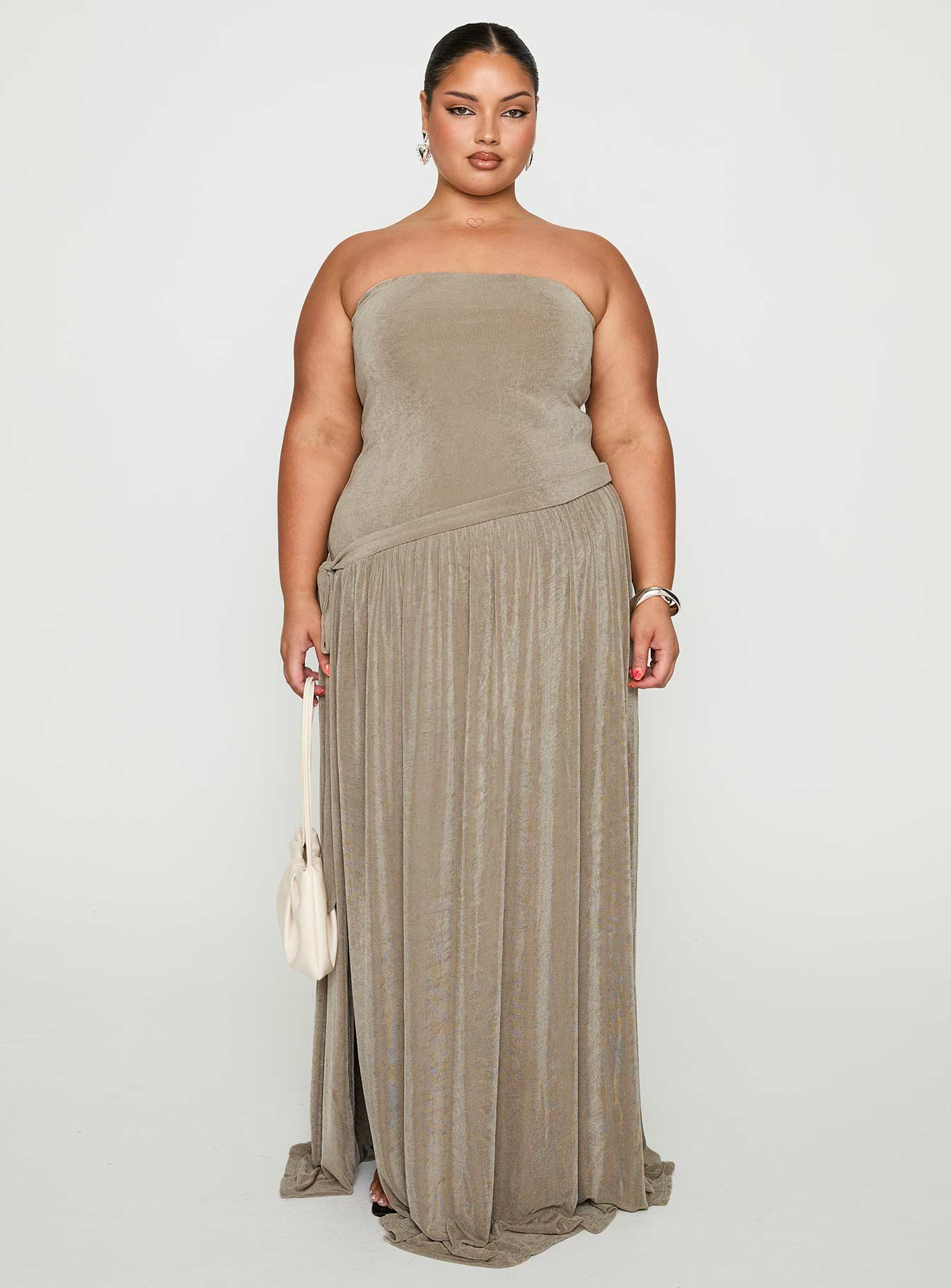 side view of model wearing Princess Polly Inka Strapless Maxi Dress Taupe Curve Straight Neck 
