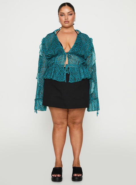 front view of model wearing Princess Polly Holidaze Long Sleeve Top Zebra Curve Full Sleeves Plunger 