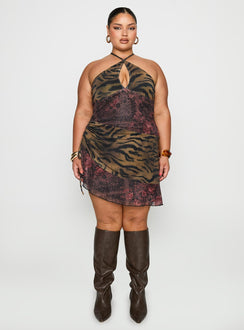 front view of model wearing Princess Polly Syrefena Halter Mini Dress Multi Curve Plunger 