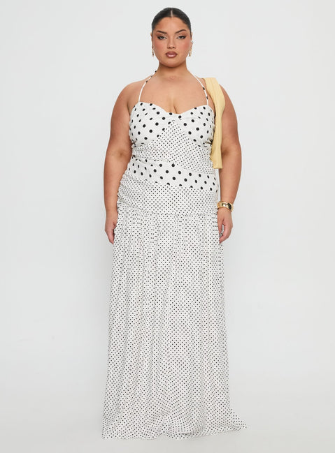 Marguerite Halter Maxi Dress White Polka Curve