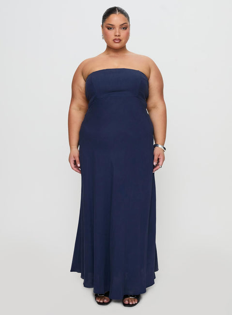 front view of model wearing Princess Polly Yahir Strapless Maxi Dress Navy Curve Straight Neck 
