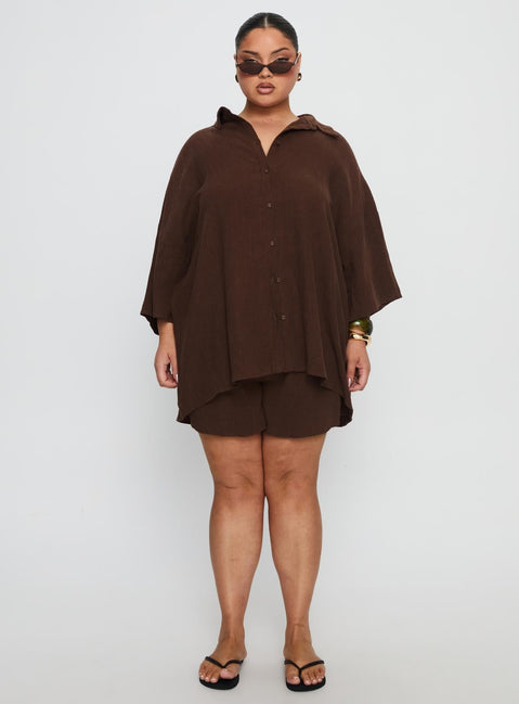 Peni Linen Button Down Top Chocolate Curve
