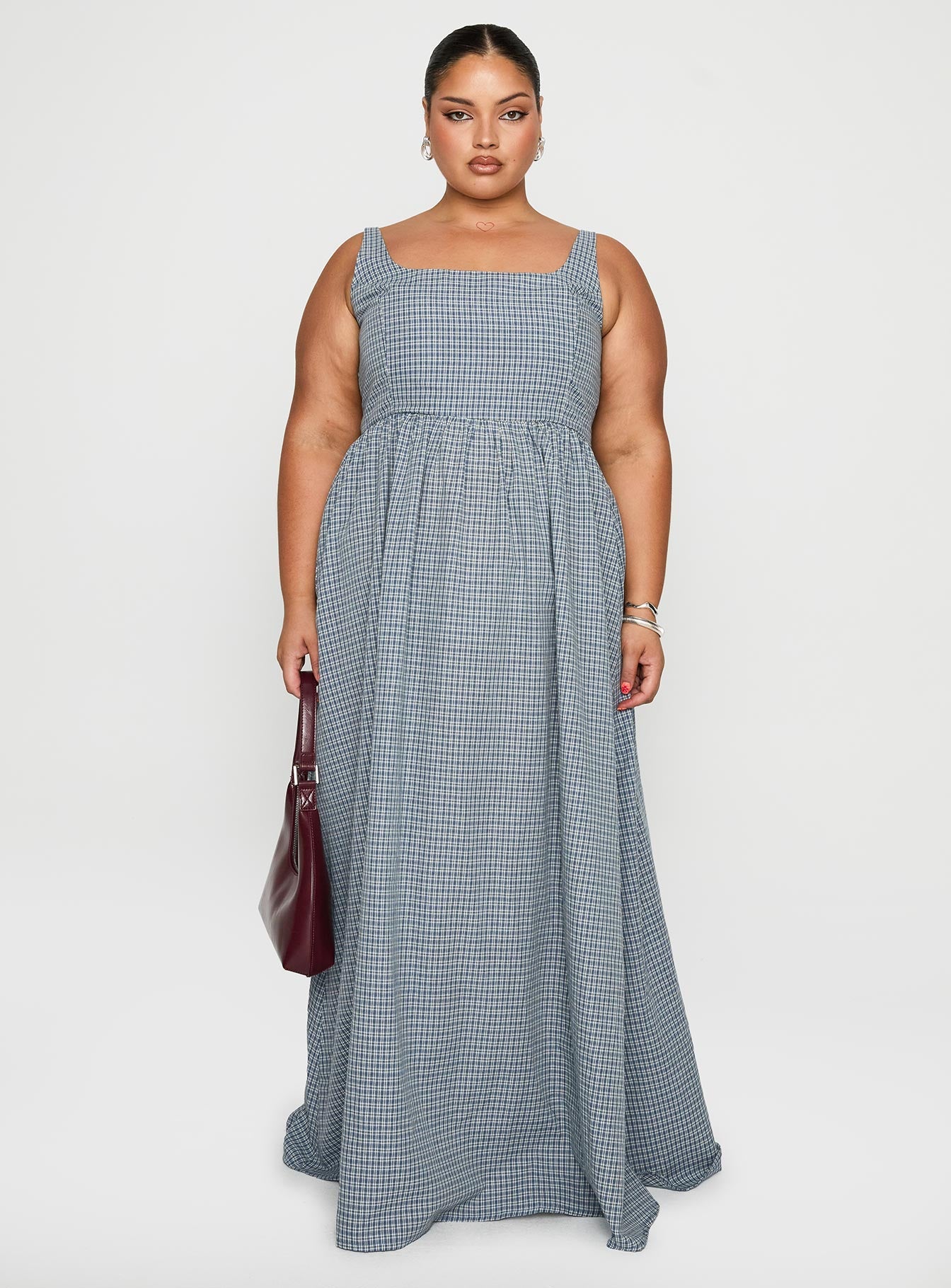 front view of model wearing Princess Polly Cartmel Check Maxi Dress Navy Curve Square Neck 