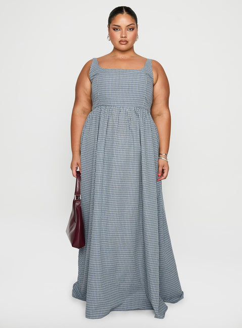 front view of model wearing Princess Polly Cartmel Check Maxi Dress Navy Curve Square Neck 