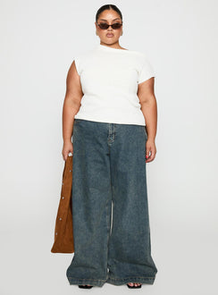 front view of model wearing Princess Polly Ashfield Off Shoulder Top White Curve Short Sleeves Asymmetric Neckline 