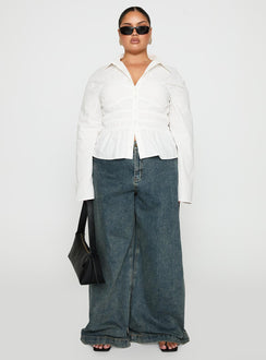 front view of model wearing Princess Polly Liesel Shirred Long Sleeve Top White Curve Full Sleeves V-Neck 