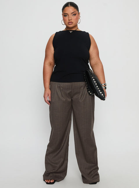 front view of model wearing Princess Polly Briellea Thick Waistband Pant Pinstripe Curve High Rise Pants 
