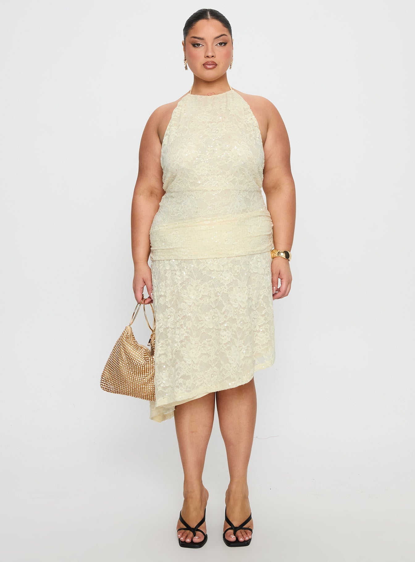 Emmalie Lace Asymmetrical Midi Dress Butter Yellow Curve