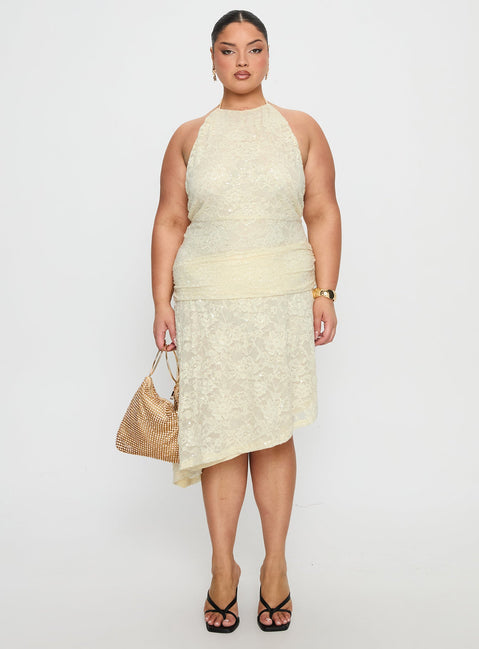 Emmalie Lace Asymmetrical Midi Dress Butter Yellow Curve