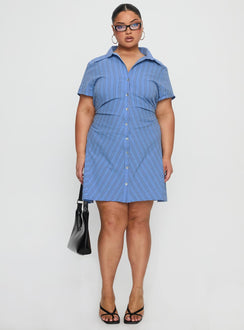 Saydie Button Down Mini Dress Blue Stripe Curve