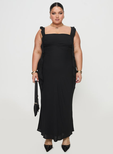 front view of model wearing Princess Polly Lanai Maxi Dress Black Curve Square Neck 