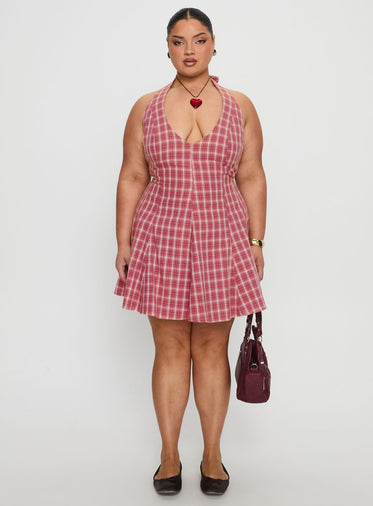 Out Of Nowhere Halter Mini Dress Red Check Curve