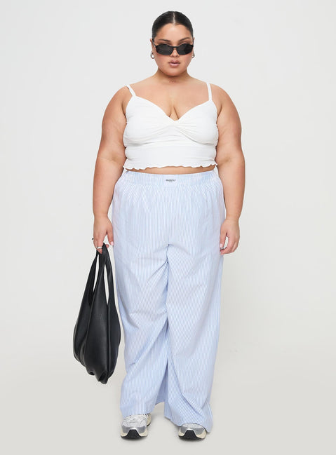 front view of model wearing Princess Polly Beach House Pants Blue Stripe Curve 