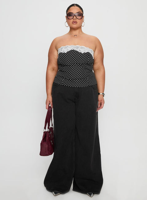 Ettore Lace Trim Strapless Top Black Polka Curve