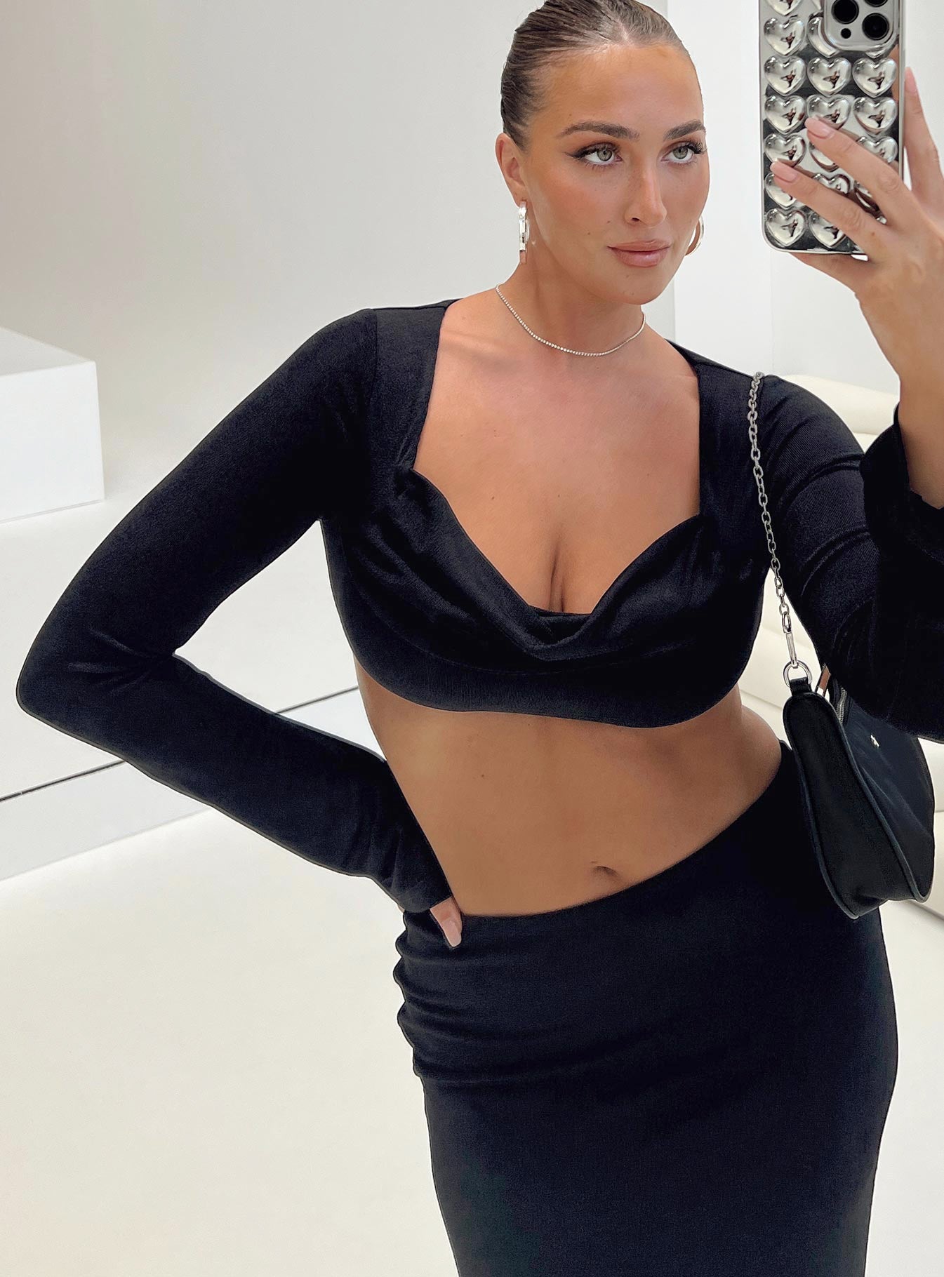 Blacking matching set Long sleeve crop top Cowl neckline Maxi skirt Low rise Thin elasticated waistband Good stretch Partially lined