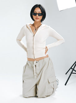 front view of model wearing Princess Polly Elingford Zip Up Hooded Sweater Cream 