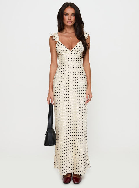 front view of model wearing Princess Polly Odeliah Polka Maxi Dress Cream Plunger 
