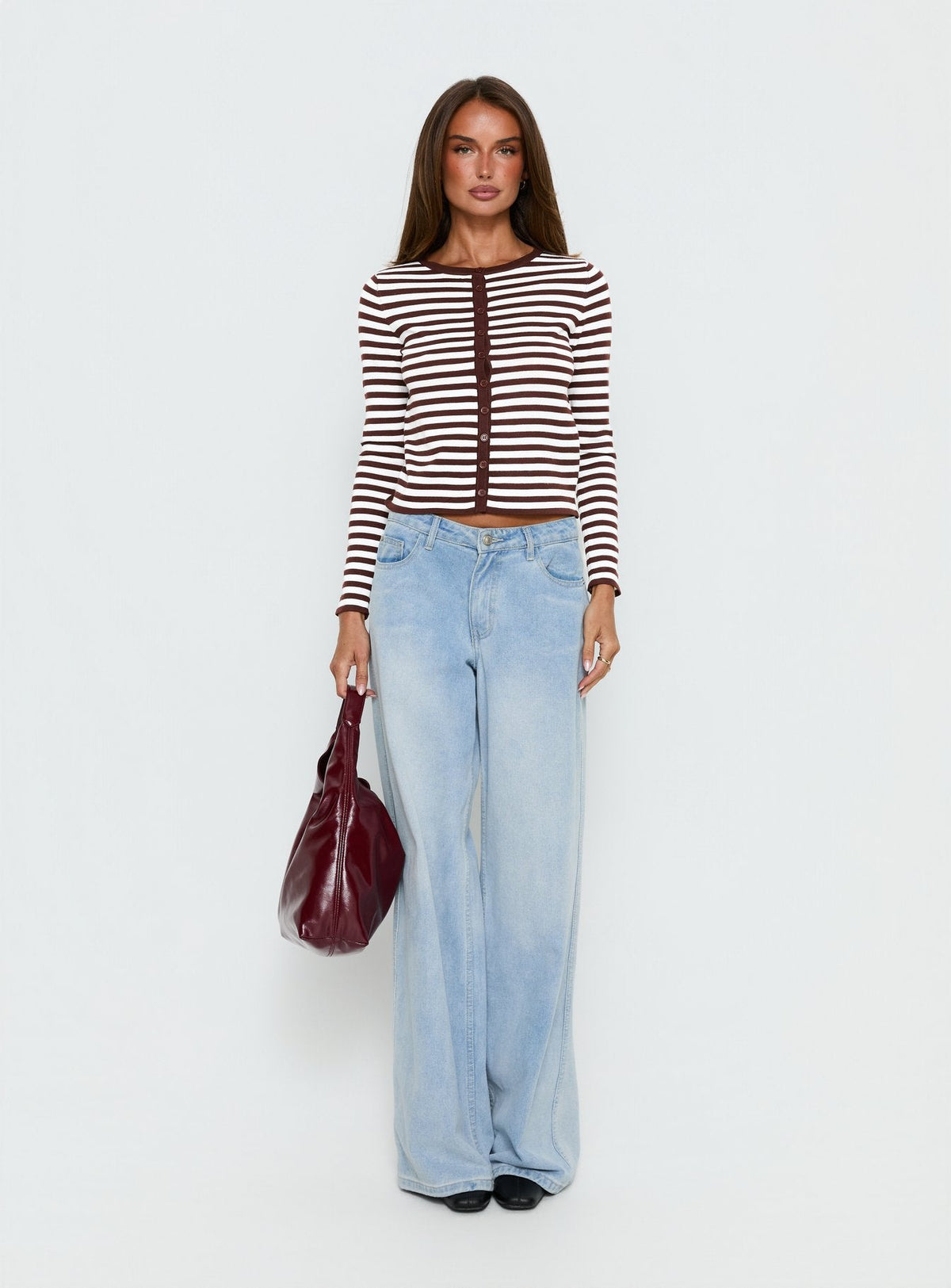 back view of model wearing Princess Polly Elcie Button Up Cardigan Brown Stripe Cropped Jumpers Jumpers 