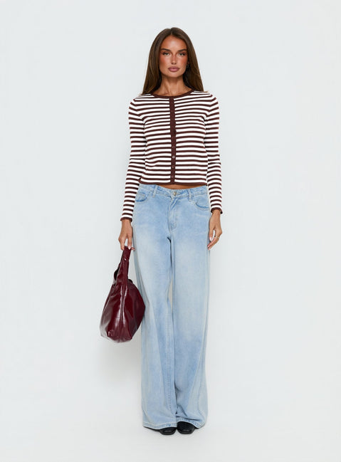 back view of model wearing Princess Polly Elcie Button Up Cardigan Brown Stripe Cropped Jumpers Jumpers 