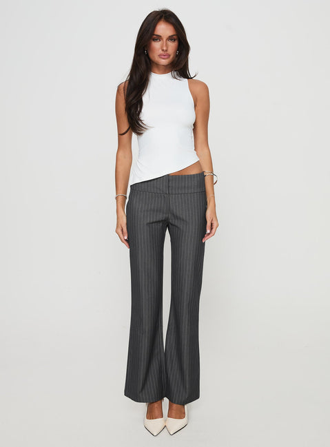 side view of model wearing Princess Polly Isabeau Pant Grey Pinstripe Low Rise Pants 