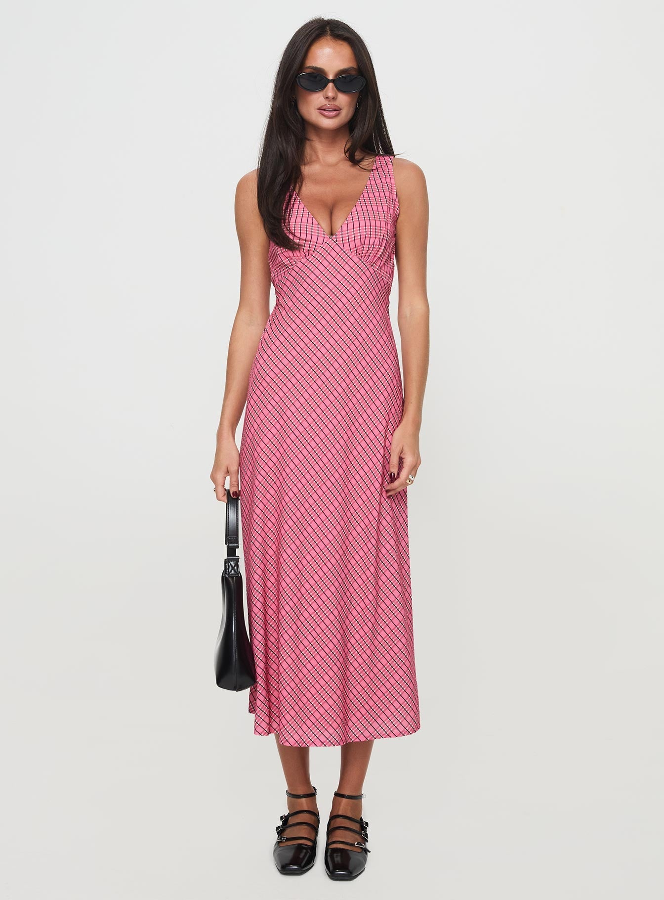 side view of model wearing Princess Polly Nellie Midi Dress Pink Check Plunger 