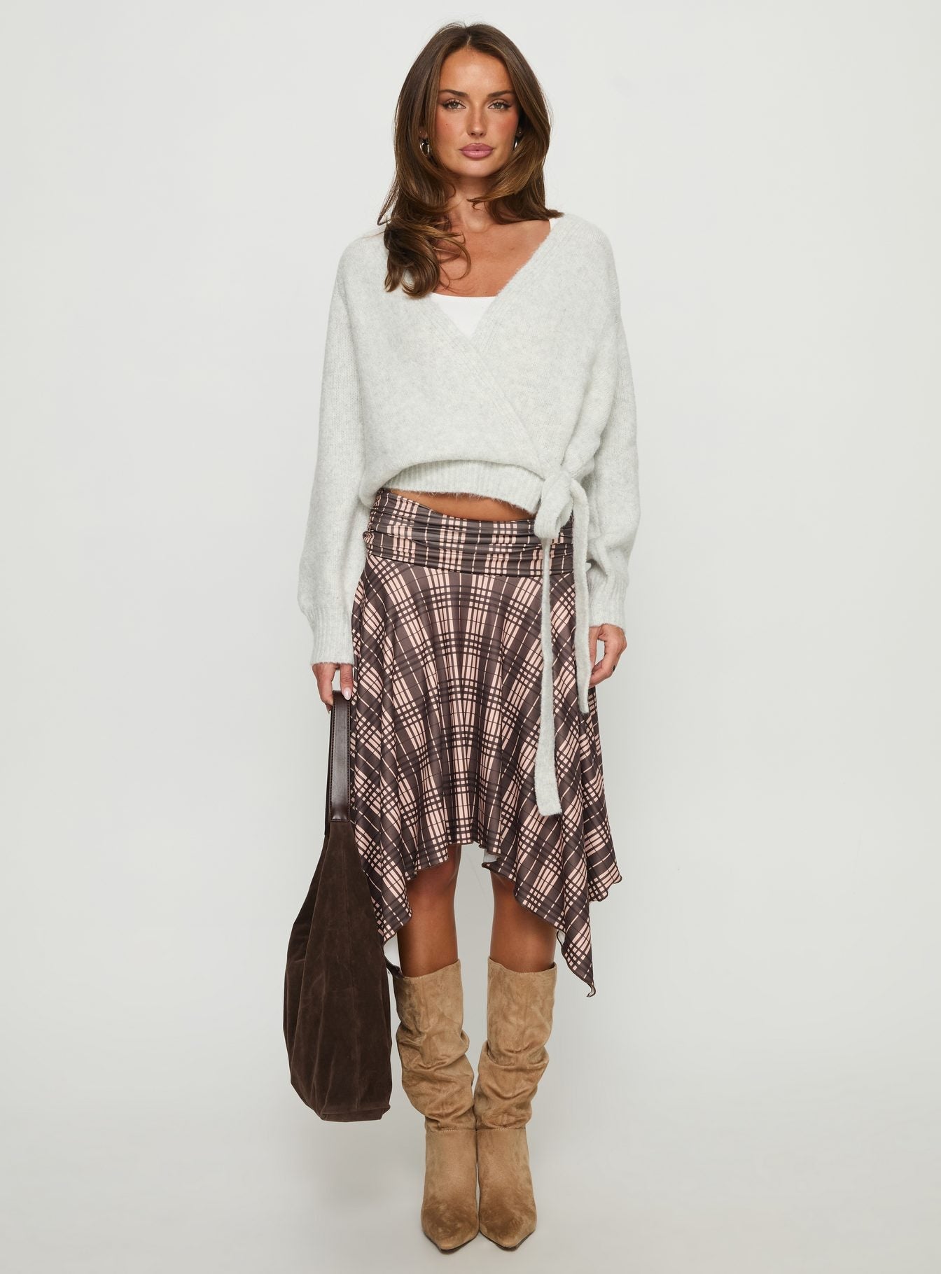 front view of model wearing Princess Polly Daelan Wrap Knit Cardigan Grey Marle cropped 
