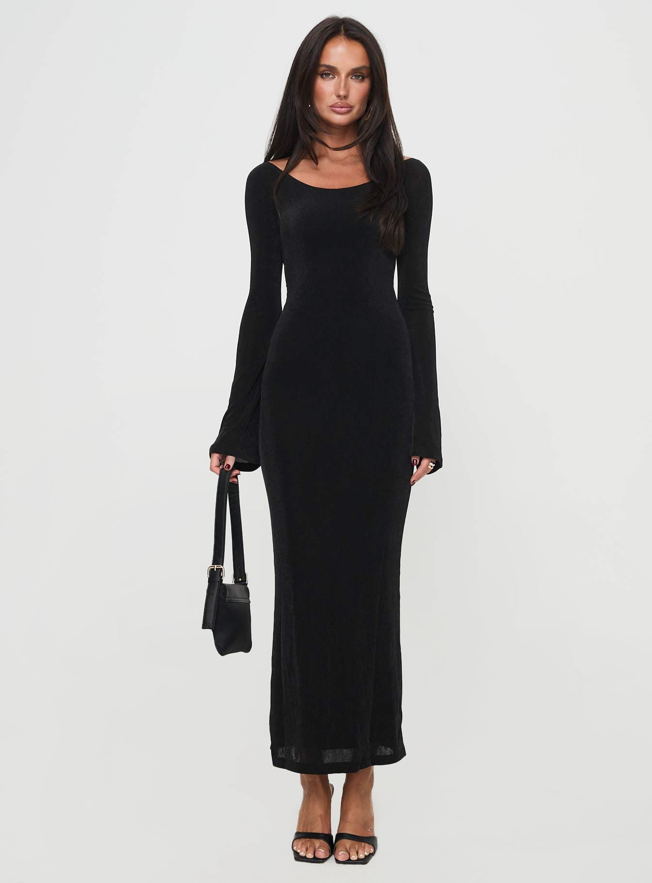 Long sleeve maxi dress Shimmery material, scooped neckline, open back detail with adjustable cross over straps, ruching & split hem at back Good stretch, fully lined 