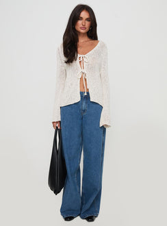 front view of model wearing Princess Polly Swain Knit Cardigan Cream Cropped 