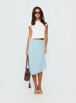   front view of model wearing Princess Polly Daphene Asymmetrical Midi Skirt Blue Floral Midi Skirts Skirts 