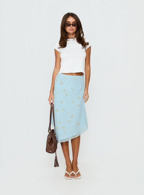   front view of model wearing Princess Polly Daphene Asymmetrical Midi Skirt Blue Floral Midi Skirts Skirts 