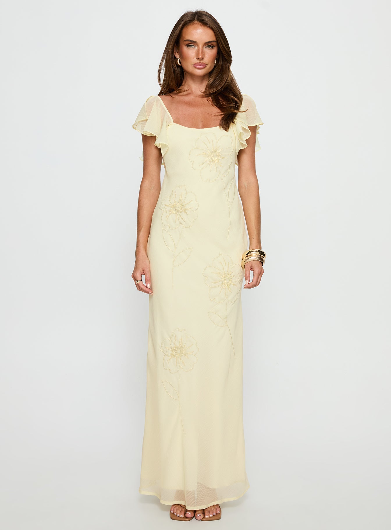 Estah Flutter Sleeve Embellished Maxi Dress Yellow
