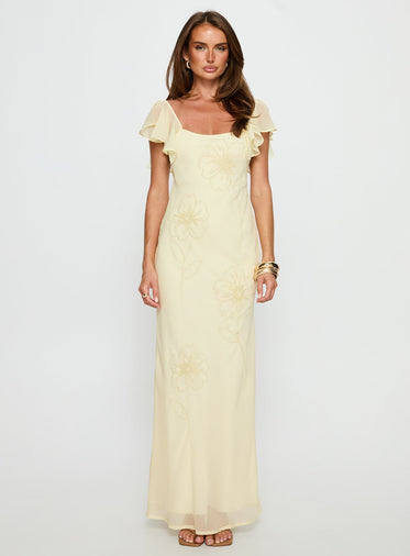 Estah Flutter Sleeve Embellished Maxi Dress Yellow