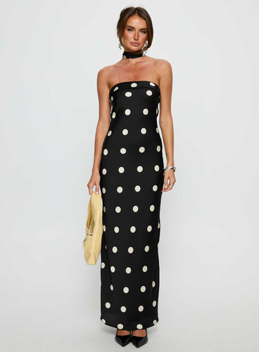Madilaine Strapless Scarf Maxi Dress Black / Polka Dot