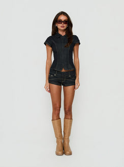 Raminna Zip Front Collared Top Raw Denim