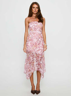 Coralis Strapless Asymmetrical Midi Dress Pink Paisley