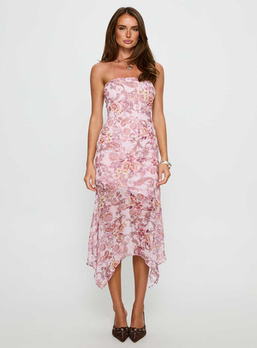 Coralis Strapless Asymmetrical Midi Dress Pink Paisley