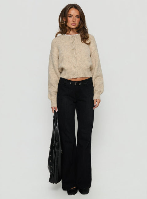 back view of model wearing Princess Polly Trevonn Button Up Knit Cardigan Beige Cropped Jumpers 