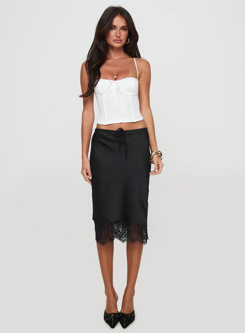   front view of model wearing Princess Polly Gervais Satin Midi Skirt Black Midi Skirts 