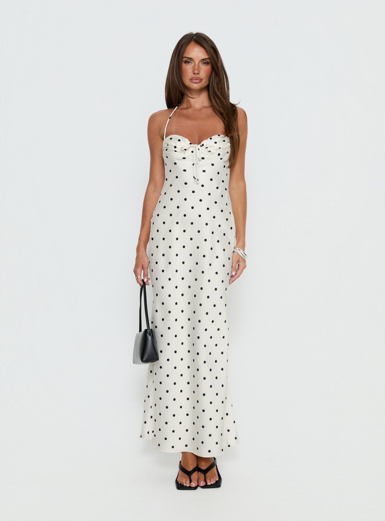 Costella Halter Satin Maxi Dress Cream Polka Dot
