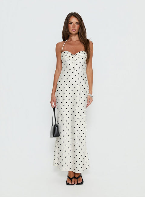 Costella Halter Satin Maxi Dress Cream Polka Dot
