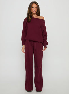 front view of model wearing Princess Polly Wellness Off the Shoulder Jumper Currant cropped Jumpers 