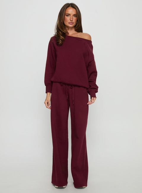 front view of model wearing Princess Polly Wellness Off the Shoulder Jumper Currant cropped Jumpers 